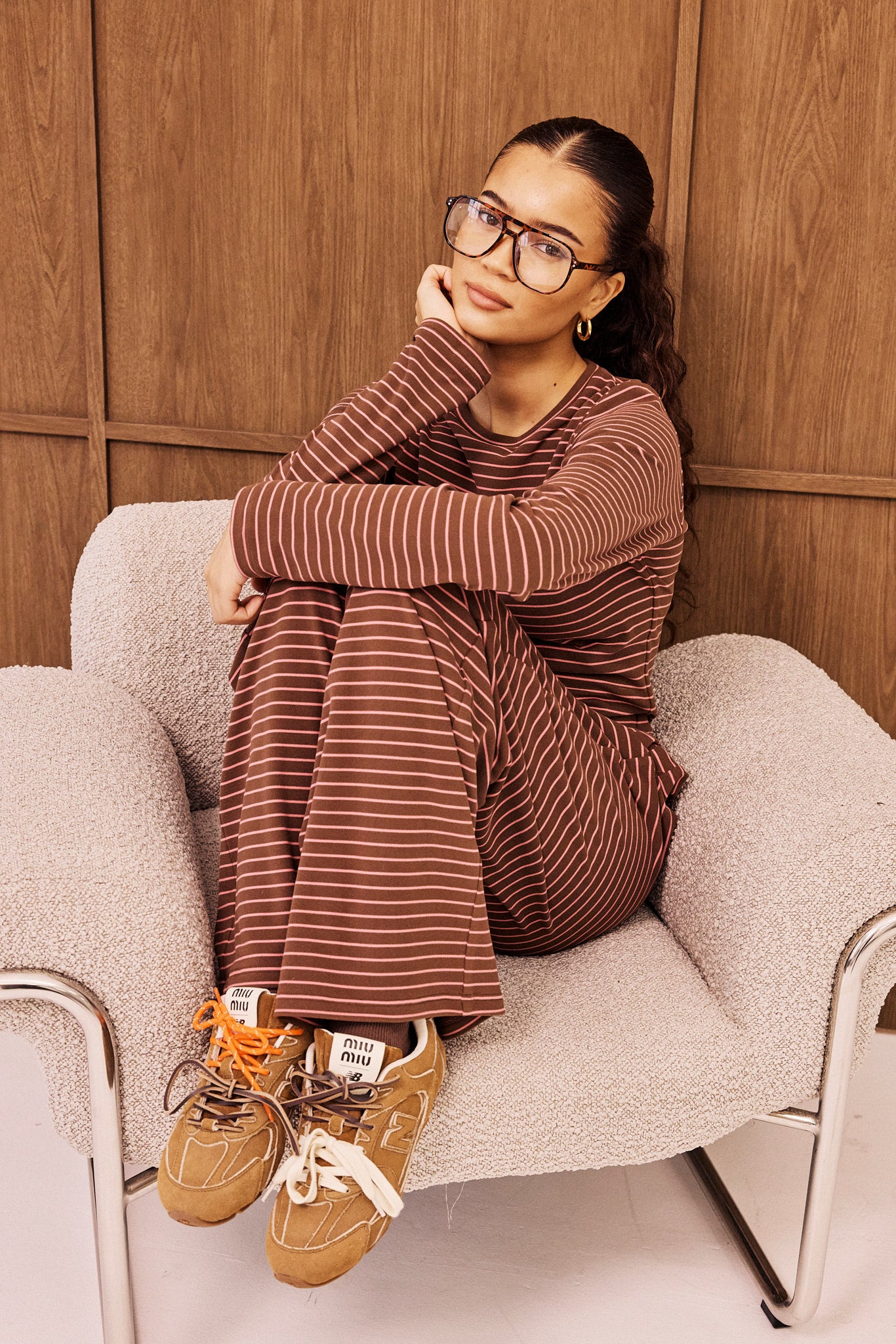 Pink Stripe Soft Touch Button Detail Wide Leg Jogger - Chocolate